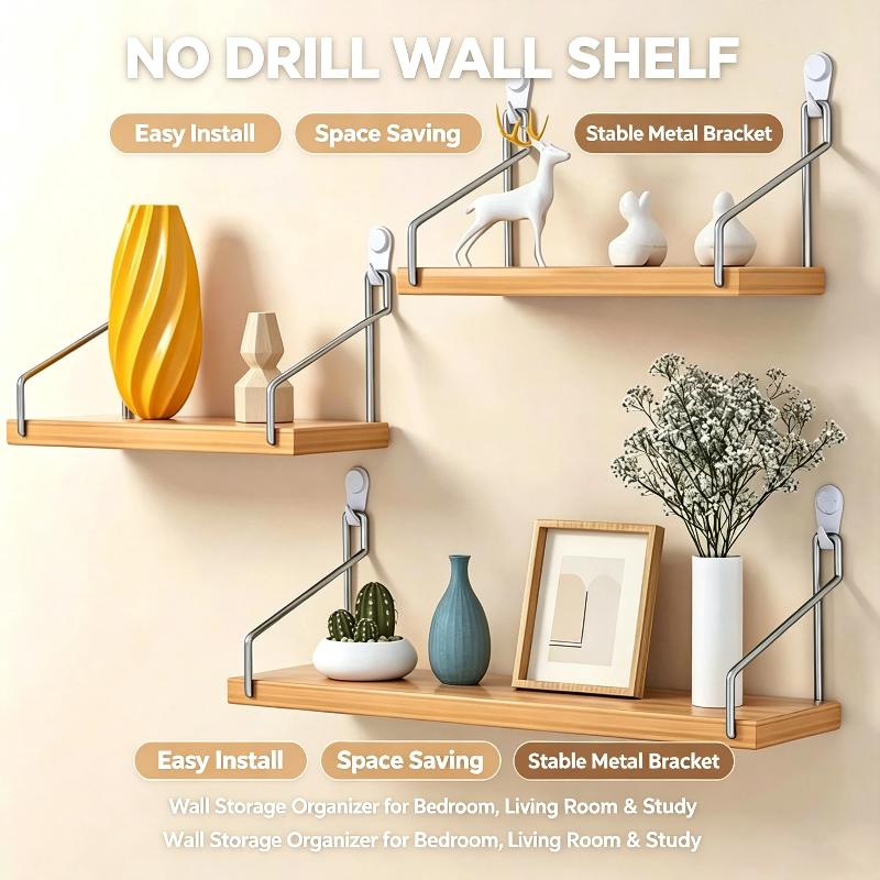 No‑Punch Wood Floating Wall Mo - Commercial Kitchen Wall Shelves ulasan dan harga