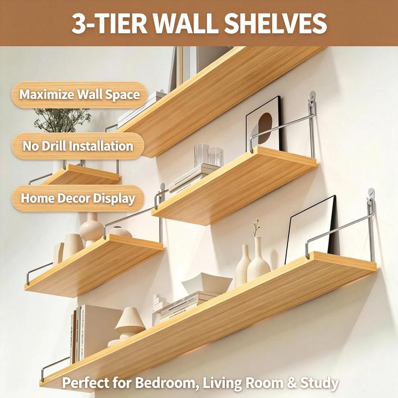 No‑Punch Wood Floating Wall Mo - Commercial Kitchen Wall Shelves ulasan dan harga